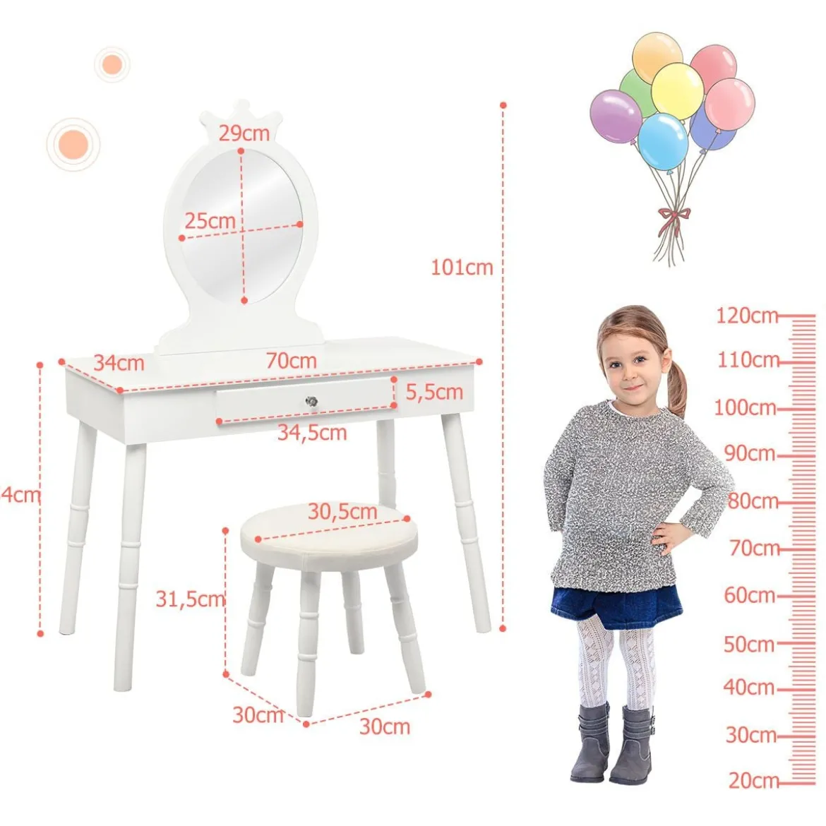 Kinder Schminktisch Make-up Tisch Hocker&Spiegel Frisierkommode Frisiertisch Weiß