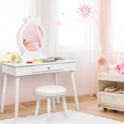 Kinder Schminktisch Make-up Tisch Hocker&Spiegel Frisierkommode Frisiertisch Weiß
