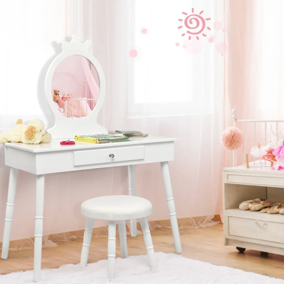 Kinder Schminktisch Make-up Tisch Hocker&Spiegel Frisierkommode Frisiertisch Weiß