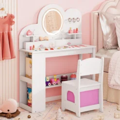 Kinderschminktisch mit Beleuchtung Prinzessinnen Frisiertisch & Stuhl Set mit 2 Schubladen Weiß