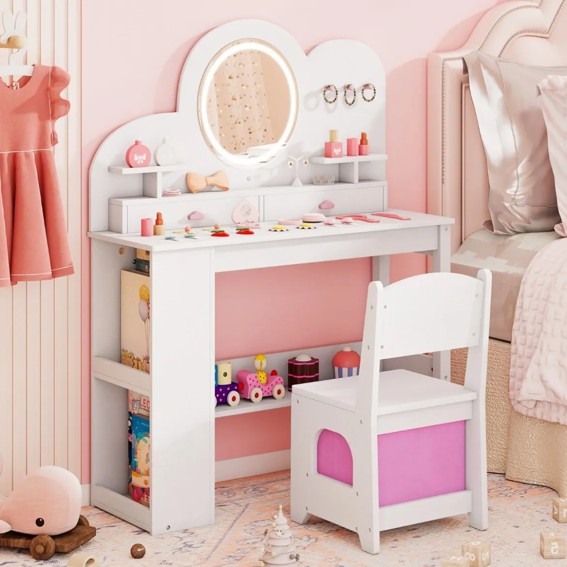 Kinderschminktisch mit Beleuchtung Prinzessinnen Frisiertisch & Stuhl Set mit 2 Schubladen Weiß