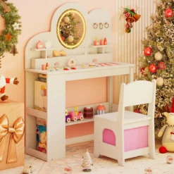 Kinderschminktisch mit Beleuchtung Prinzessinnen Frisiertisch & Stuhl Set mit 2 Schubladen Weiß