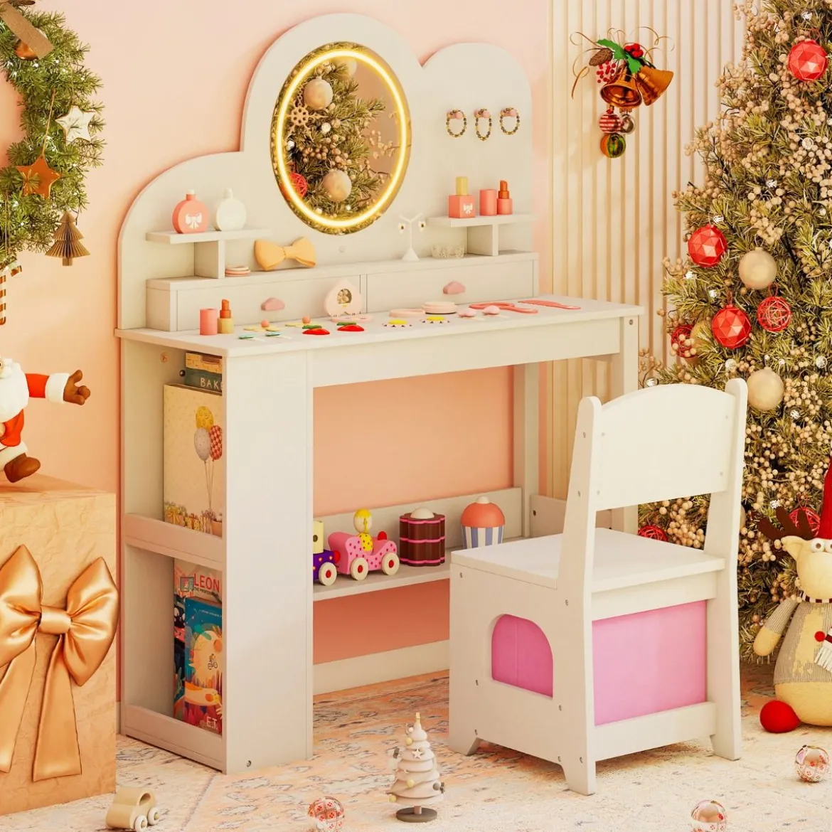 Kinderschminktisch mit Beleuchtung Prinzessinnen Frisiertisch & Stuhl Set mit 2 Schubladen Weiß