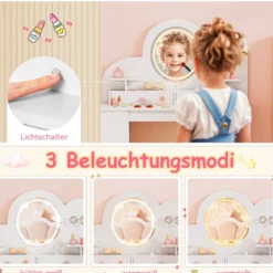 Kinderschminktisch mit Beleuchtung Prinzessinnen Frisiertisch & Stuhl Set mit 2 Schubladen Weiß