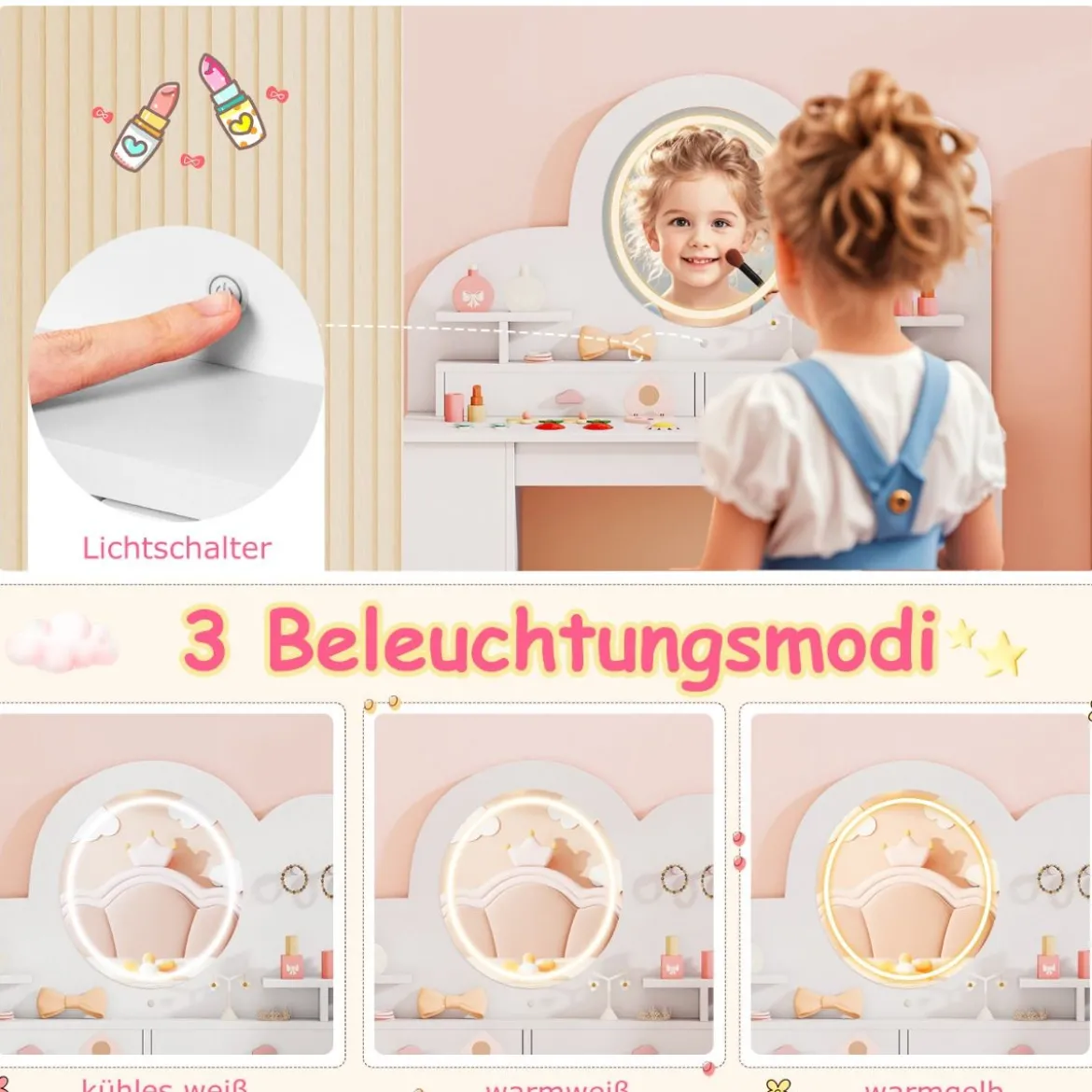 Kinderschminktisch mit Beleuchtung Prinzessinnen Frisiertisch & Stuhl Set mit 2 Schubladen Weiß
