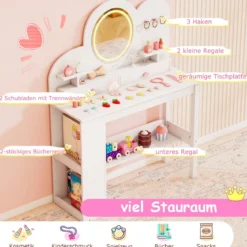 Kinderschminktisch mit Beleuchtung Prinzessinnen Frisiertisch & Stuhl Set mit 2 Schubladen Weiß