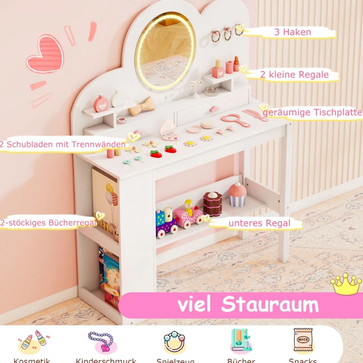 Kinderschminktisch mit Beleuchtung Prinzessinnen Frisiertisch & Stuhl Set mit 2 Schubladen Weiß