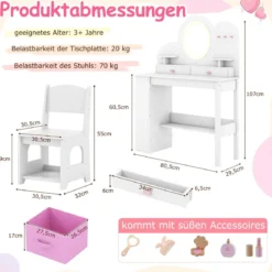 Kinderschminktisch mit Beleuchtung Prinzessinnen Frisiertisch & Stuhl Set mit 2 Schubladen Weiß