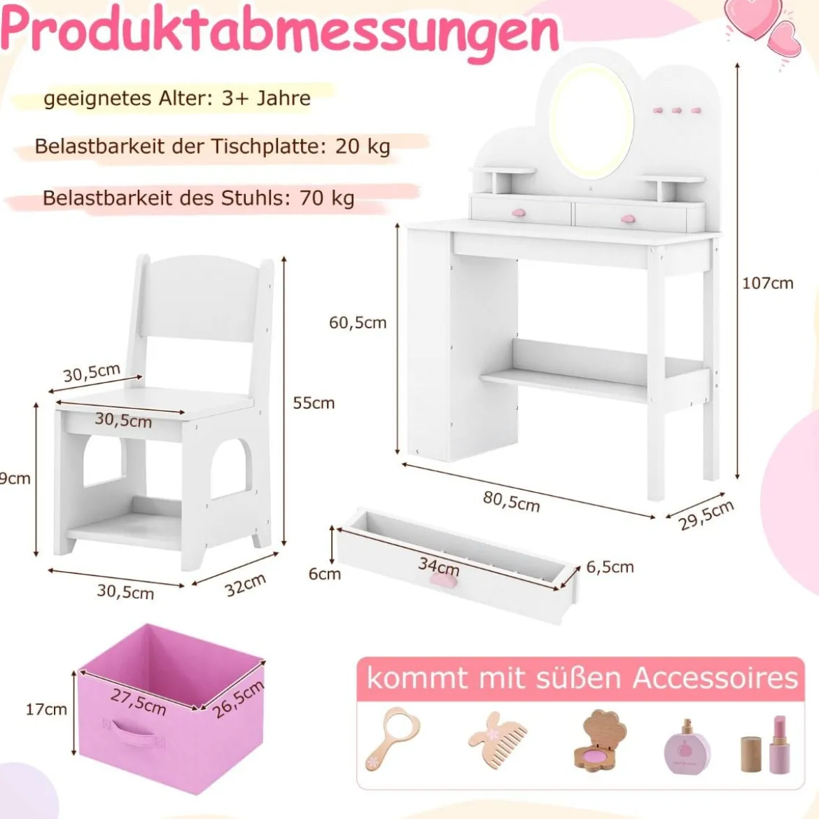 Kinderschminktisch mit Beleuchtung Prinzessinnen Frisiertisch & Stuhl Set mit 2 Schubladen Weiß