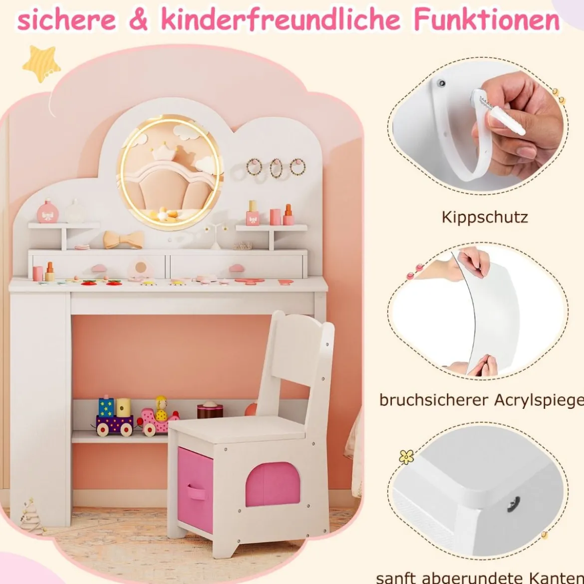 Kinderschminktisch mit Beleuchtung Prinzessinnen Frisiertisch & Stuhl Set mit 2 Schubladen Weiß