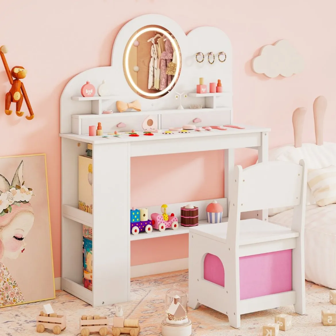 Kinderschminktisch mit Beleuchtung Prinzessinnen Frisiertisch & Stuhl Set mit 2 Schubladen Weiß