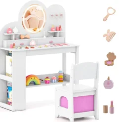 Kinderschminktisch mit Beleuchtung Prinzessinnen Frisiertisch & Stuhl Set mit 2 Schubladen Weiß