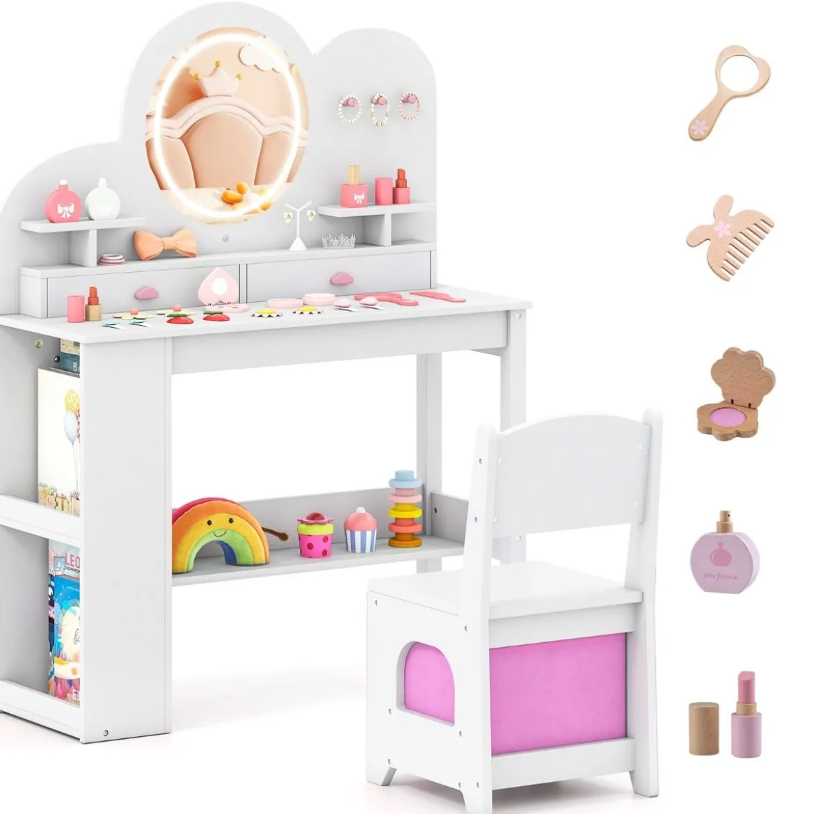 Kinderschminktisch mit Beleuchtung Prinzessinnen Frisiertisch & Stuhl Set mit 2 Schubladen Weiß