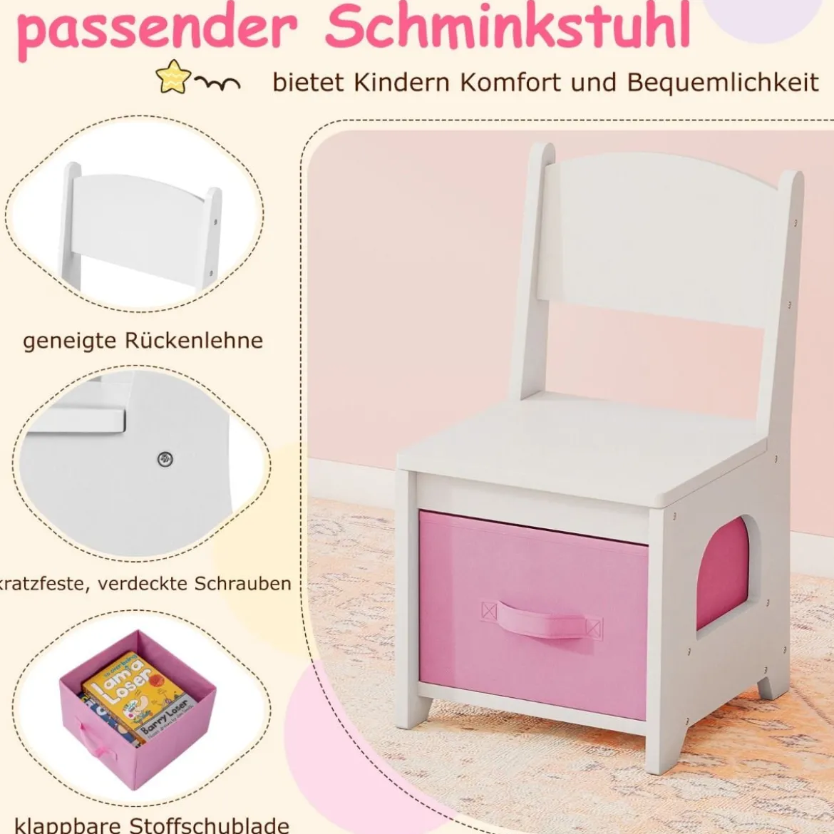 Kinderschminktisch mit Beleuchtung Prinzessinnen Frisiertisch & Stuhl Set mit 2 Schubladen Weiß