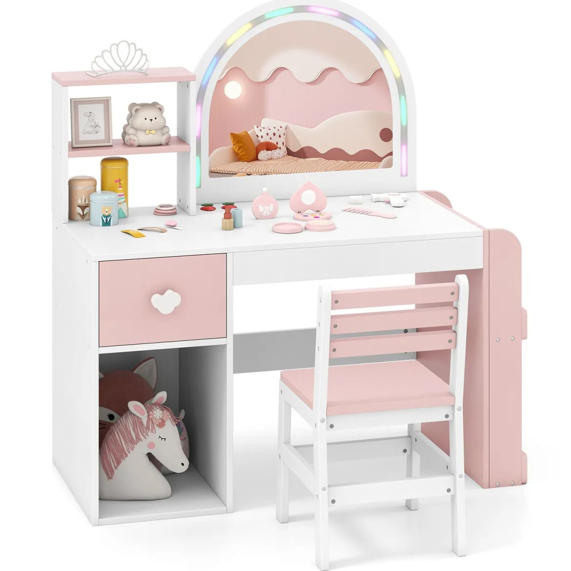 Kinder Schminktisch mit Beleuchtung Prinzessin Kinderschminktisch mit beleuchtetem Spiegel Frisiertisch Weiß