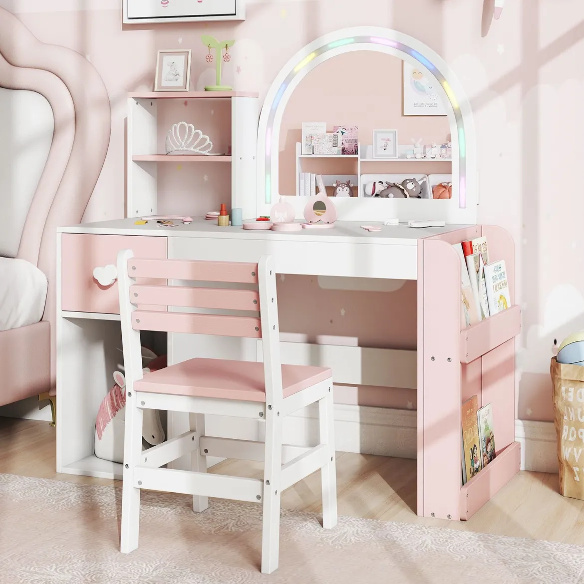 Kinder Schminktisch mit Beleuchtung Prinzessin Kinderschminktisch mit beleuchtetem Spiegel Frisiertisch Weiß
