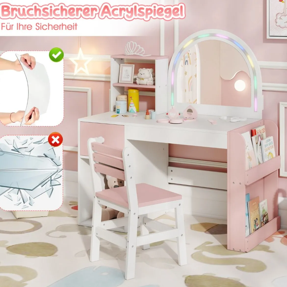 Kinder Schminktisch mit Beleuchtung Prinzessin Kinderschminktisch mit beleuchtetem Spiegel Frisiertisch Weiß