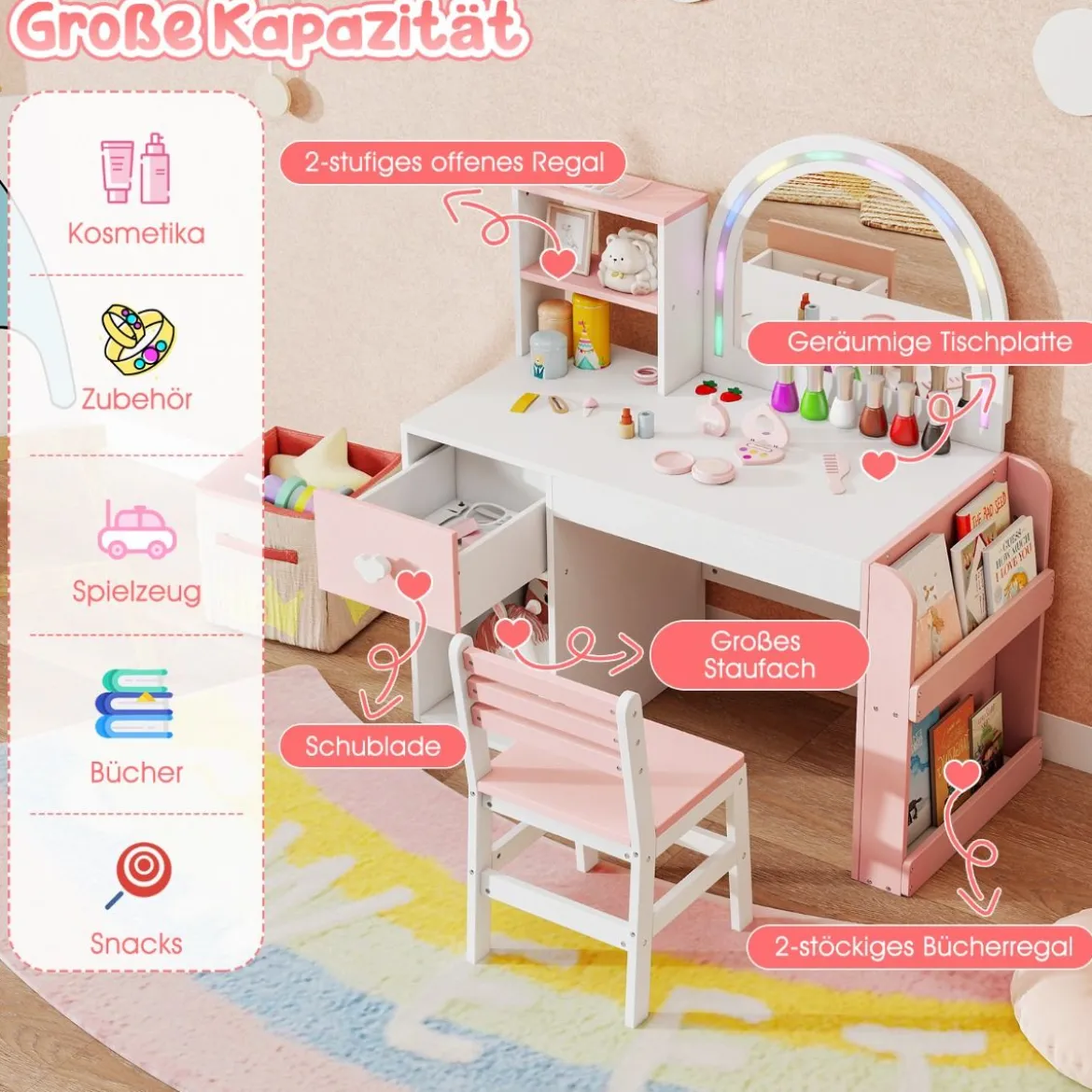 Kinder Schminktisch mit Beleuchtung Prinzessin Kinderschminktisch mit beleuchtetem Spiegel Frisiertisch Weiß