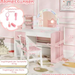 Kinder Schminktisch mit Beleuchtung Prinzessin Kinderschminktisch mit beleuchtetem Spiegel Frisiertisch Weiß