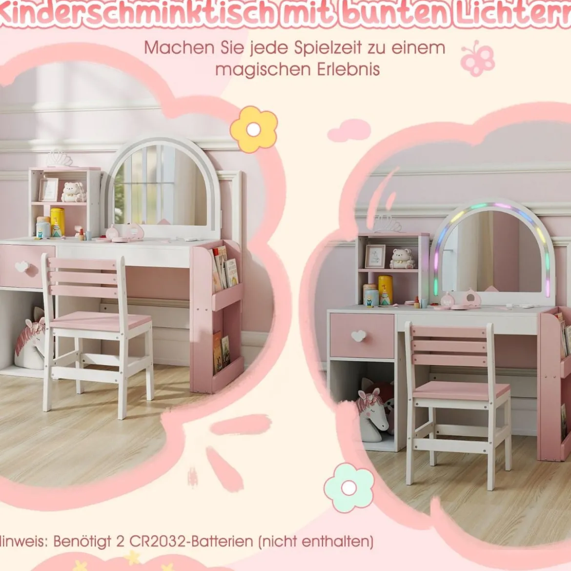 Kinder Schminktisch mit Beleuchtung Prinzessin Kinderschminktisch mit beleuchtetem Spiegel Frisiertisch Weiß