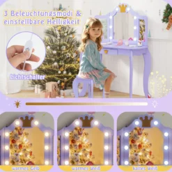 Kinder Schminktisch mit Beleuchtung Frisiertisch Mädchen mit Dreifach Klappbarem Spiegel