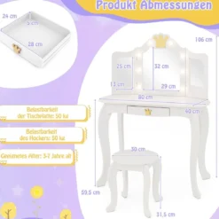 Kinder Schminktisch mit Beleuchtung Frisiertisch Mädchen mit Dreifach Klappbarem Spiegel
