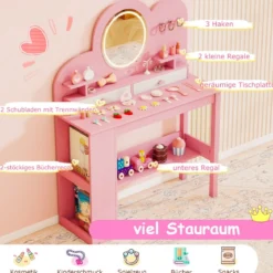Kinderschminktisch mit Beleuchtung Prinzessinnen Frisiertisch & Stuhl Set mit 2 Schubladen Rosa