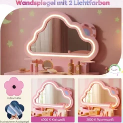 Kinder Schminktisch mit Beleuchtung Wolken-Spiegel 3 Schmuckhaken für Kinder von 3-6 Jahren Rosa