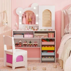Kinder Schminktisch mit Beleuchtung Prinzessin Schminktisch & Stuhl Set mit 5 Schubladen & 2 Fächern Weiß