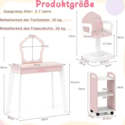 Kinder Schminktisch mit Drehstuhl & Friseurwagen Friseurtisch mit Verstellbarer Beleuchtung Rosa