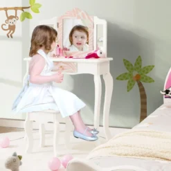 Kinder Schminktisch mit Hocker & dreifach klappbarem Spiegel & Schublade Zebra