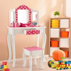 Kinder Schminktisch mit Hocker & dreifach klappbarem Spiegel & Schublade Punkt