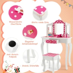 Kinder Schminktisch mit Hocker & dreifach klappbarem Spiegel & Schublade Punkt