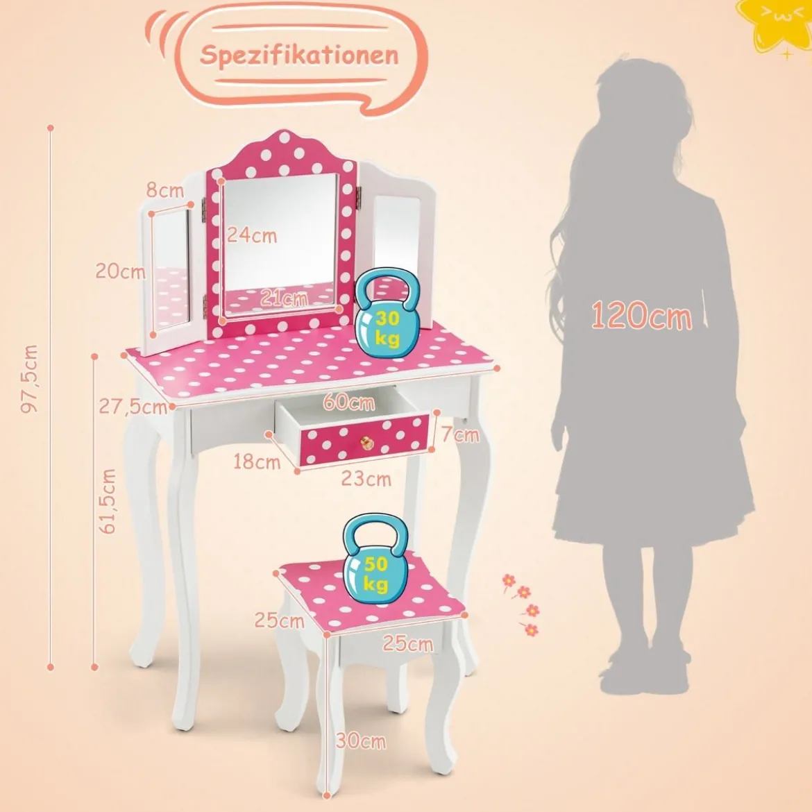 Kinder Schminktisch mit Hocker & dreifach klappbarem Spiegel & Schublade Punkt