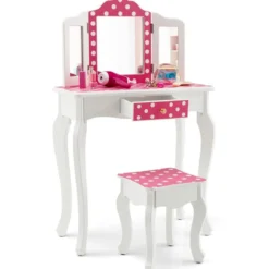 Kinder Schminktisch mit Hocker & dreifach klappbarem Spiegel & Schublade Punkt