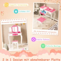 Kinder Schminktisch mit Hocker & dreifach klappbarem Spiegel & Schublade Punkt