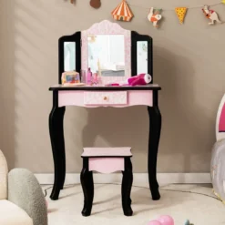 Kinder Schminktisch mit Hocker & dreifach klappbarem Spiegel & Schublade Leopard