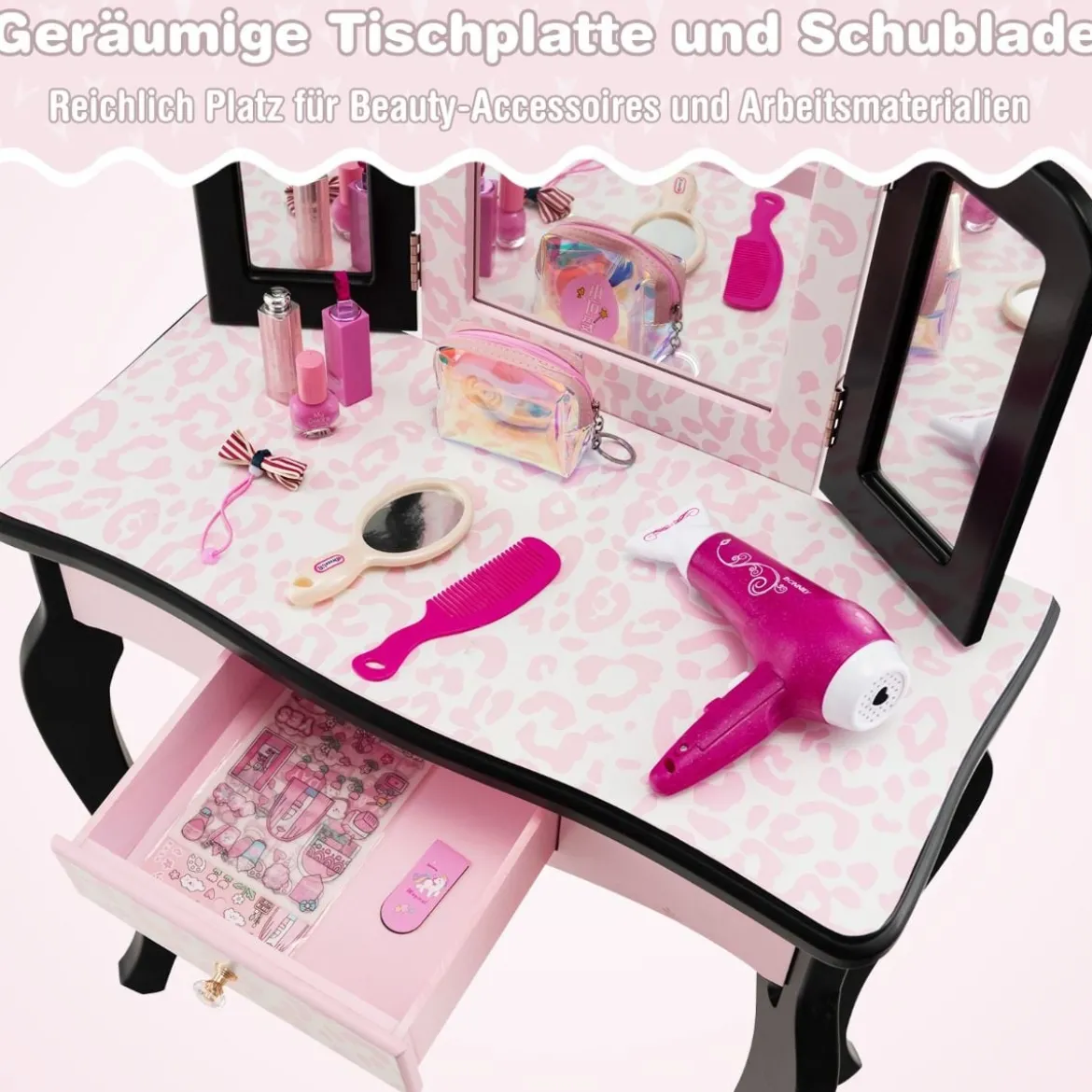 Kinder Schminktisch mit Hocker & dreifach klappbarem Spiegel & Schublade Leopard