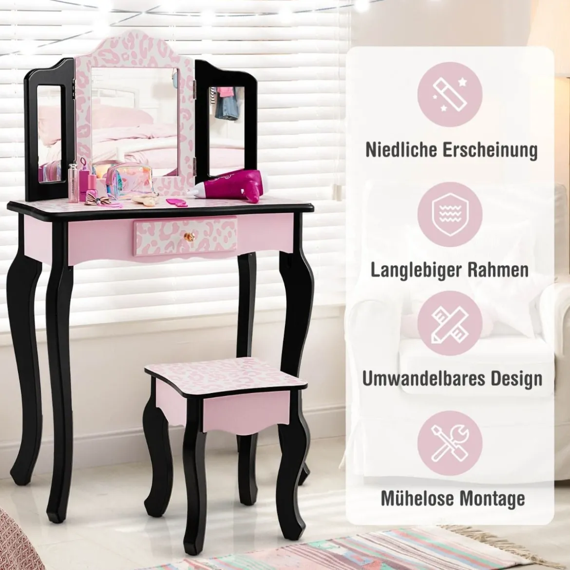 Kinder Schminktisch mit Hocker & dreifach klappbarem Spiegel & Schublade Leopard