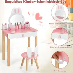 Kinder Schminktisch mit Hocker Prinzessin Schminkkommode 60 x 34 x 103 cm Rosa + Weiß