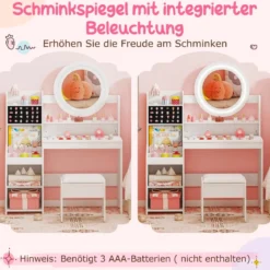Kinder Schminktisch mit Spiegel & Licht Prinzessin Spieltisch mit Regal Ringschlitzen & gepolstertem Hocker Weiß