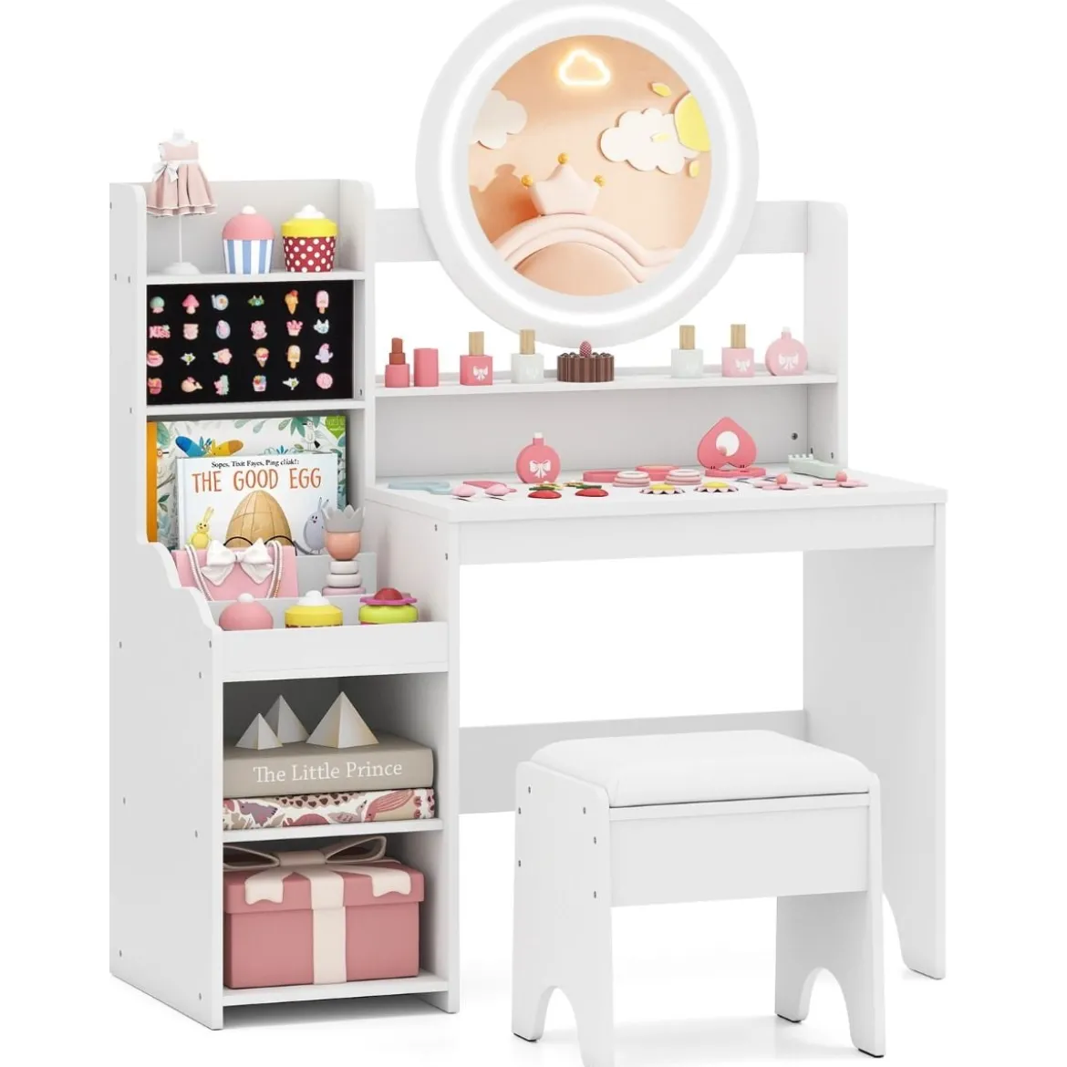 Kinder Schminktisch mit Spiegel & Licht Prinzessin Spieltisch mit Regal Ringschlitzen & gepolstertem Hocker Weiß
