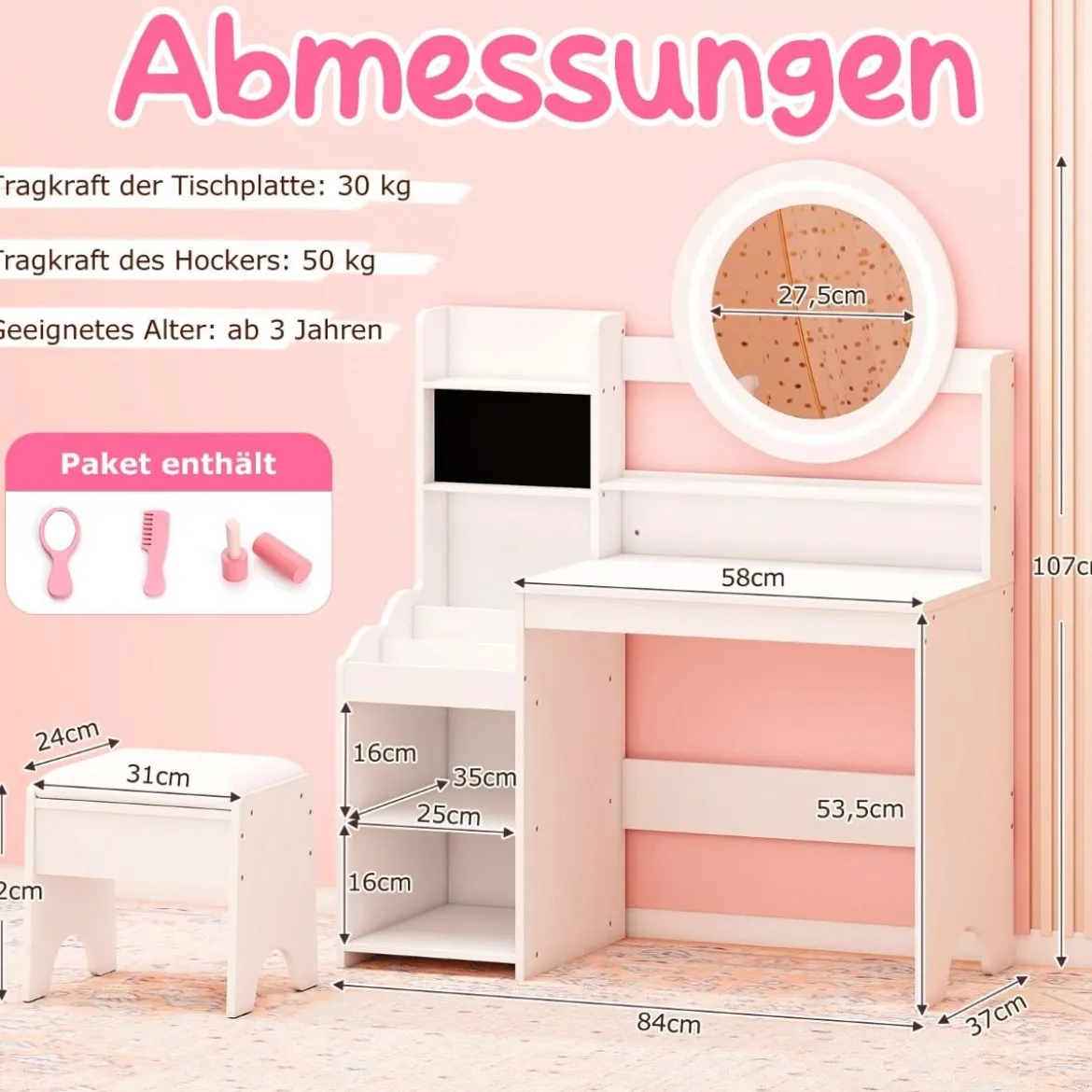 Kinder Schminktisch mit Spiegel & Licht Prinzessin Spieltisch mit Regal Ringschlitzen & gepolstertem Hocker Weiß