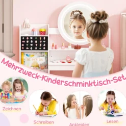 Kinder Schminktisch mit Spiegel & Licht Prinzessin Spieltisch mit Regal Ringschlitzen & gepolstertem Hocker Weiß