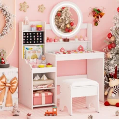 Kinder Schminktisch mit Spiegel & Licht Prinzessin Spieltisch mit Regal Ringschlitzen & gepolstertem Hocker Weiß