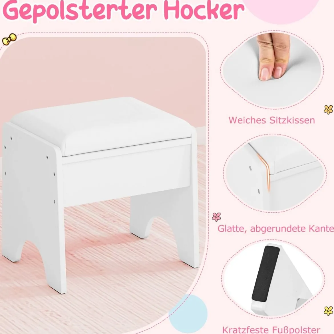 Kinder Schminktisch mit Spiegel & Licht Prinzessin Spieltisch mit Regal Ringschlitzen & gepolstertem Hocker Weiß