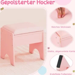 Kinder Schminktisch mit Spiegel & Licht Prinzessin Spieltisch mit Regal Ringschlitzen & gepolstertem Hocker Rosa