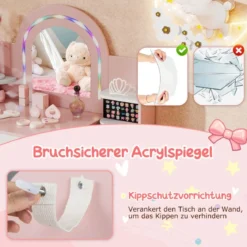 Kinderschminktisch mit Stuhl Spiegel & Beleuchtung Frisiertisch mit offenen Regalen Rosa