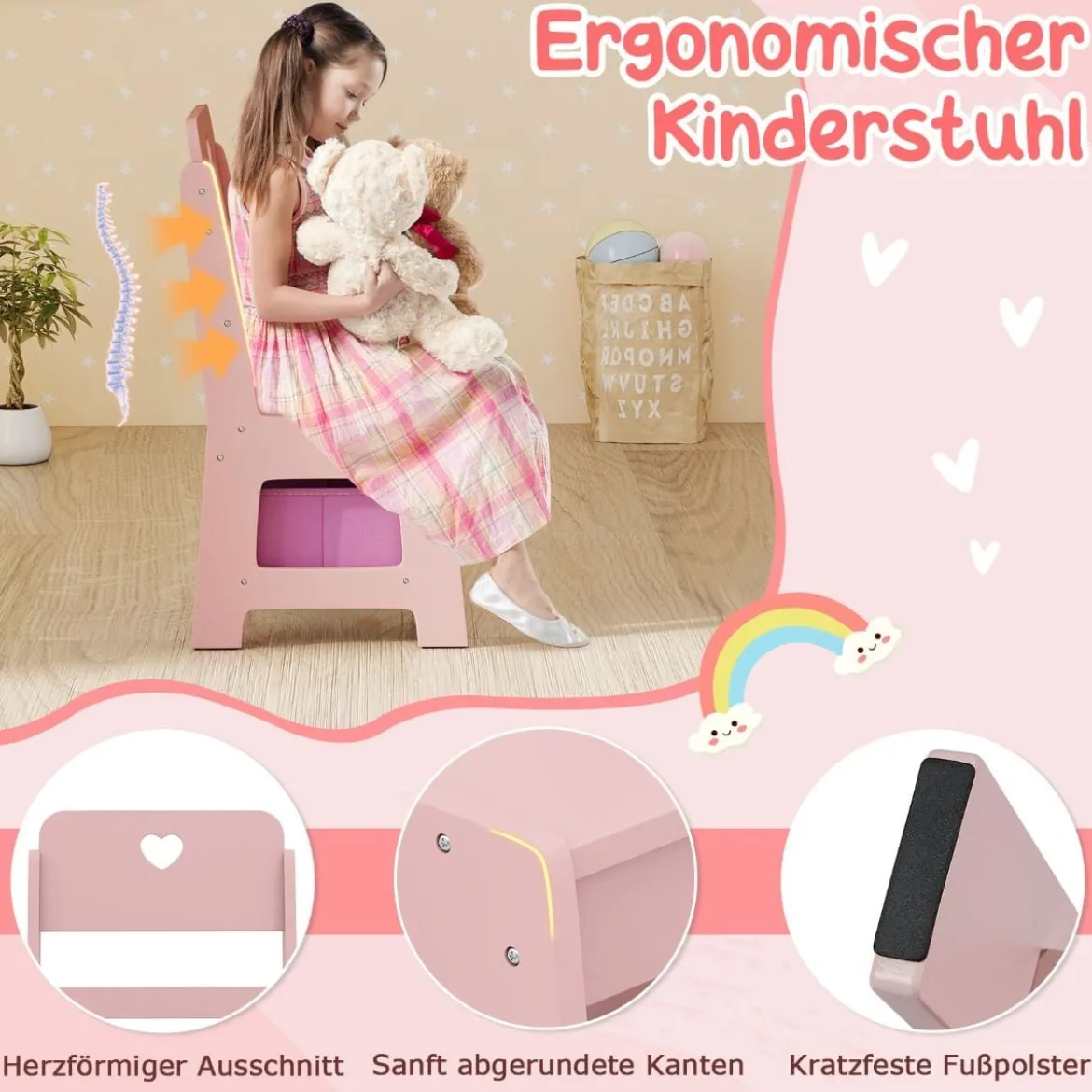 Kinderschminktisch mit Stuhl Spiegel & Beleuchtung Frisiertisch mit offenen Regalen Rosa