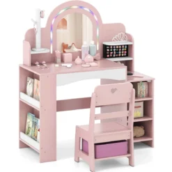 Kinderschminktisch mit Stuhl Spiegel & Beleuchtung Frisiertisch mit offenen Regalen Rosa
